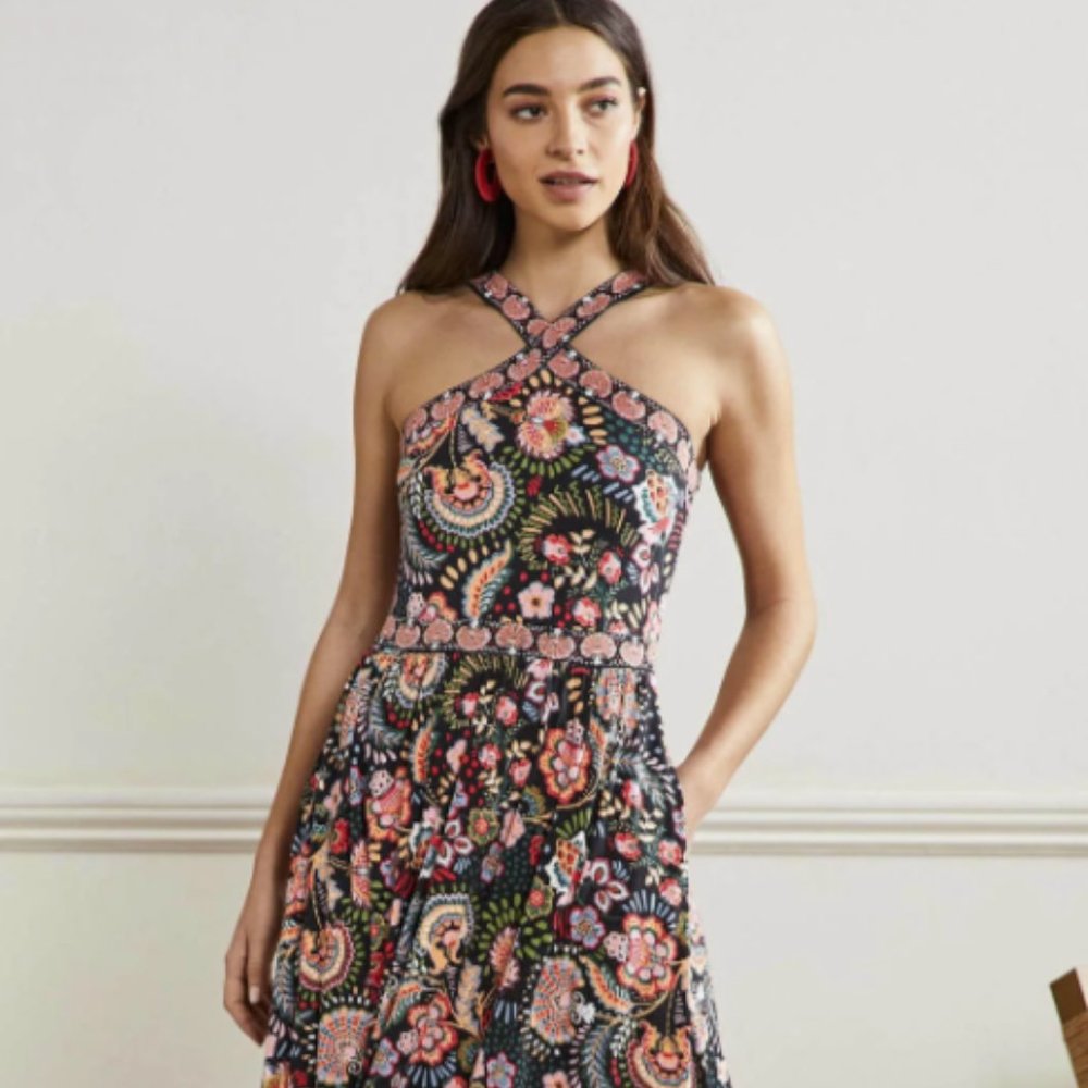Boden | Black Floral Maxi Halter Dress